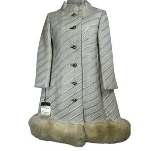 VINTAGE 60's 70's Penny Lane White Silver Brocade Coat Jacket Faux Fur Hem Sz 10